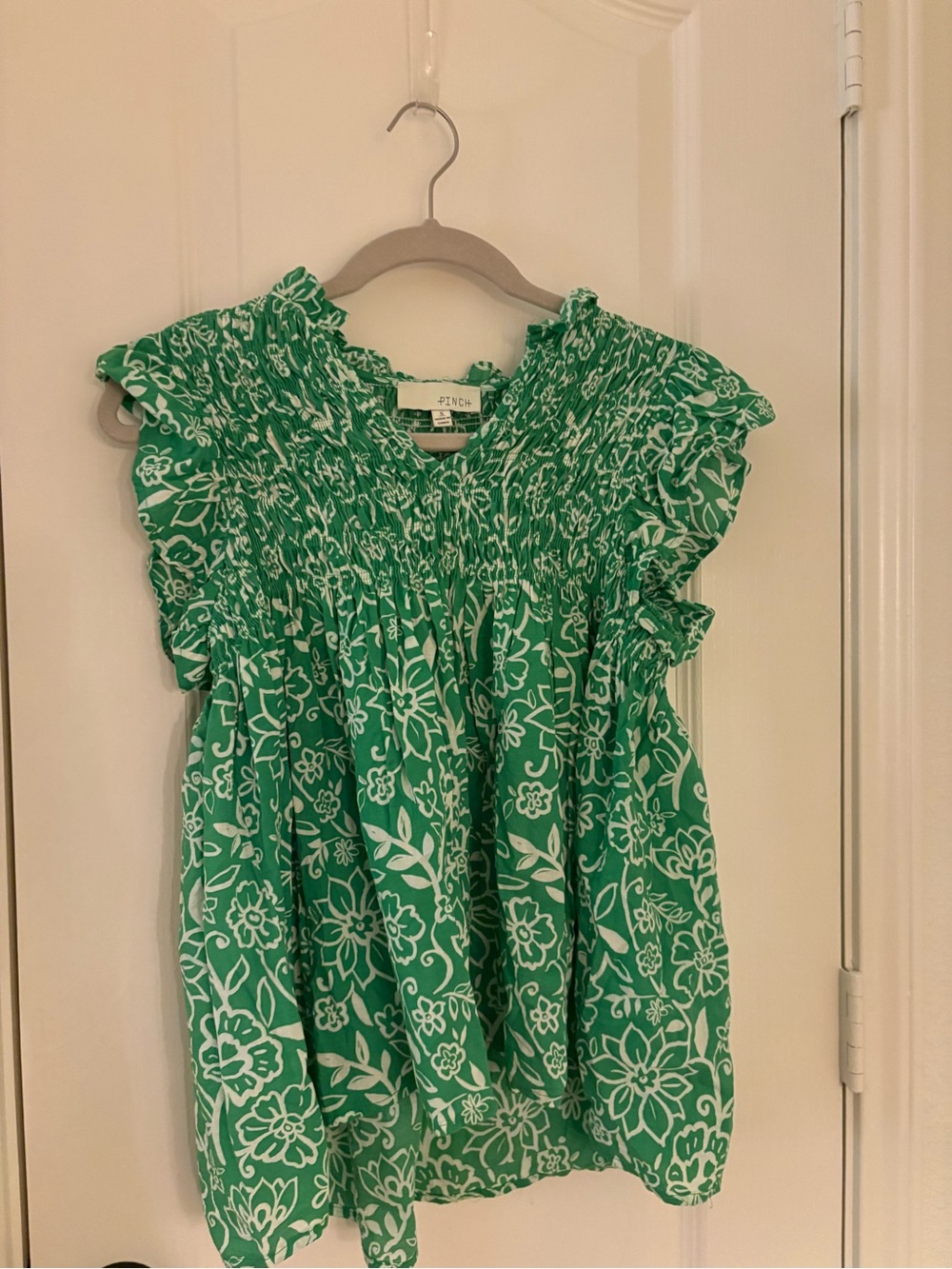 J. Crew Green Floral Smocked Yoke Tank Top